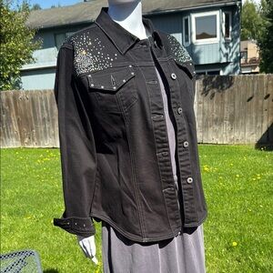 Ethyl Classic Black Denim Jacket Fitted Silhouette Rhinestone Embellished